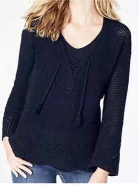 J. Jill Black Lace-Up V-Neck Knit Skirt Sweater